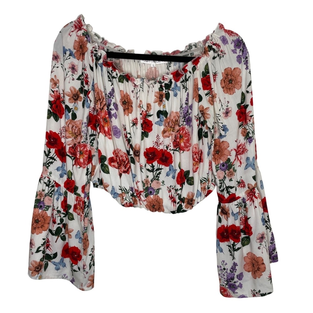 Hazel &‎ Olive Crop Top Womens Small White Floral Bell Sleeve Off Shoulder Boho